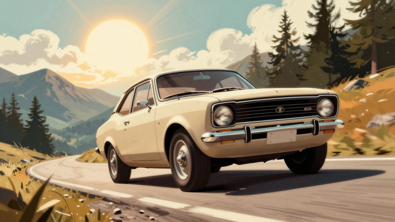 A 1960s Ford Escort Reims climbing a mountain road in the French Alps under soft sunlight.