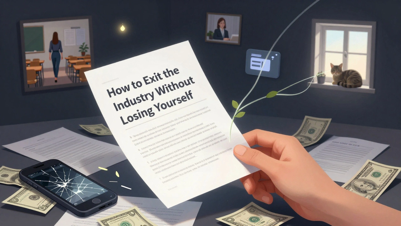 A handwritten guide floating above broken contracts and digital messages, symbolizing escape and healing.