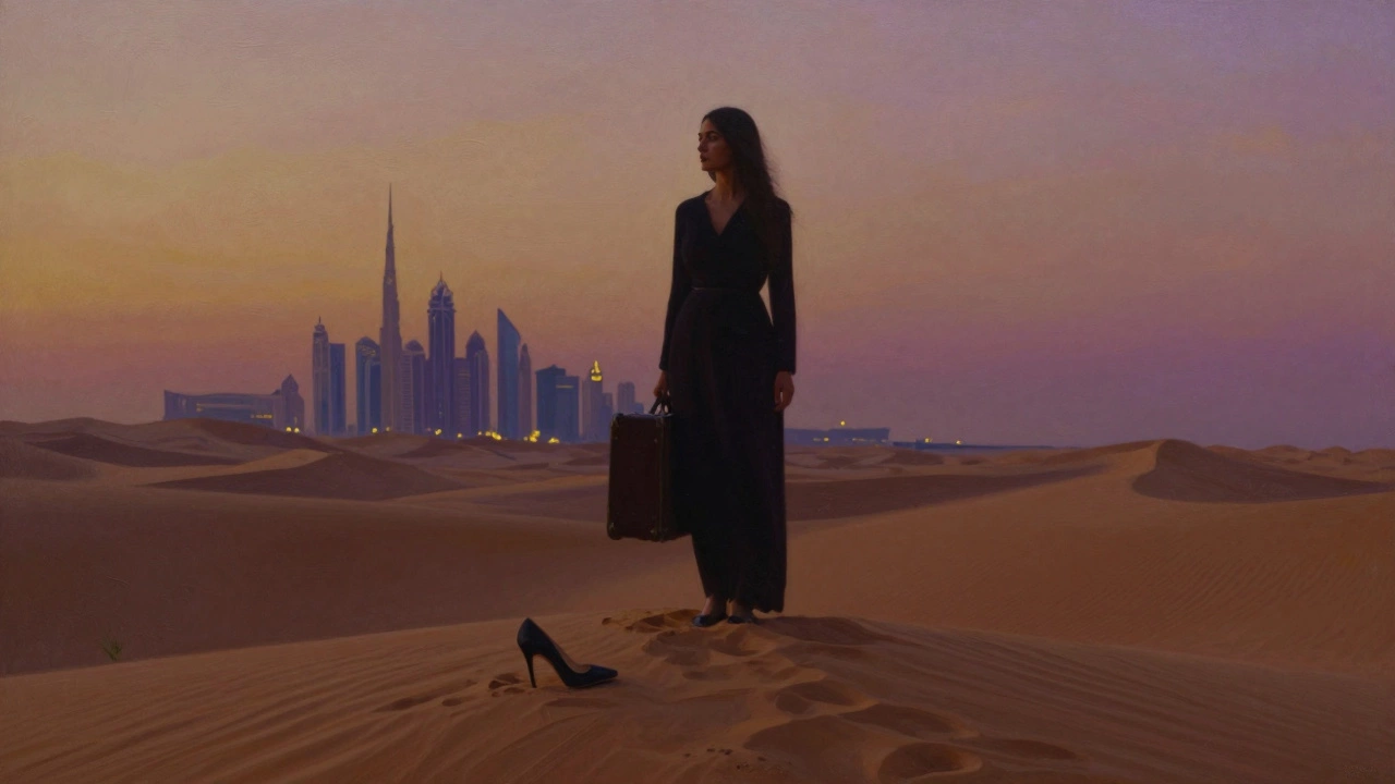 A woman stands alone on a desert dune at dusk near Dubai, suitcase in hand, silhouetted against a glowing sky.