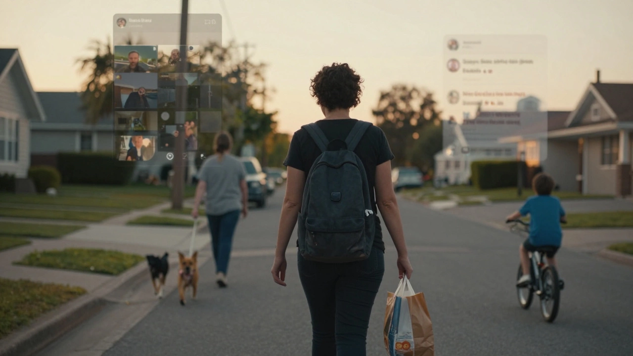 Betty walking away at sunset, ordinary life around her, past fame fading like a ghost.