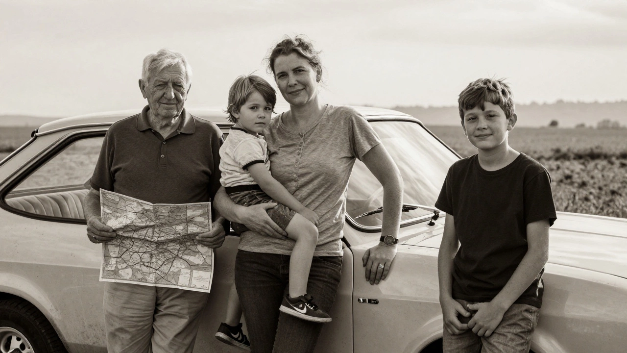 Three generations of a French family standing beside their classic Escort Reims in late afternoon light.