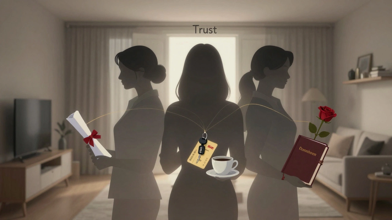 Three translucent figures symbolize hidden lives of professional women in Dubai, connected by a thread of trust and dignity.